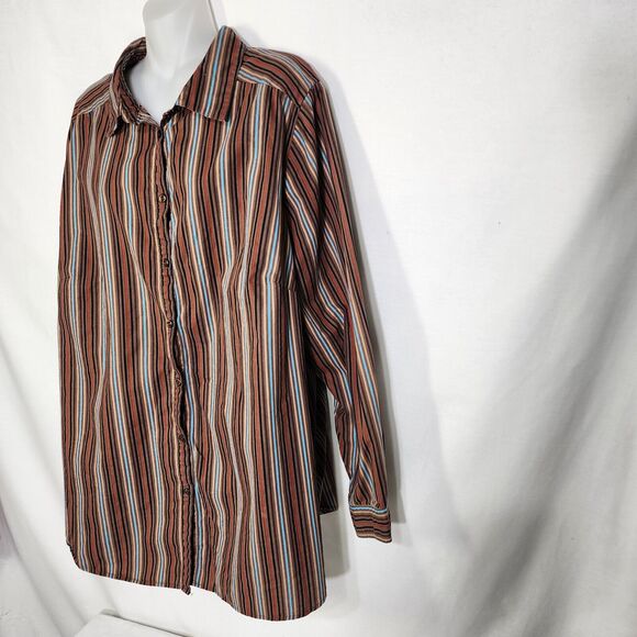 Roamans Womens Shirt Size 22W Brown Multi Striped Long Sleeve Button Up Cotton - Picture 5 of 9